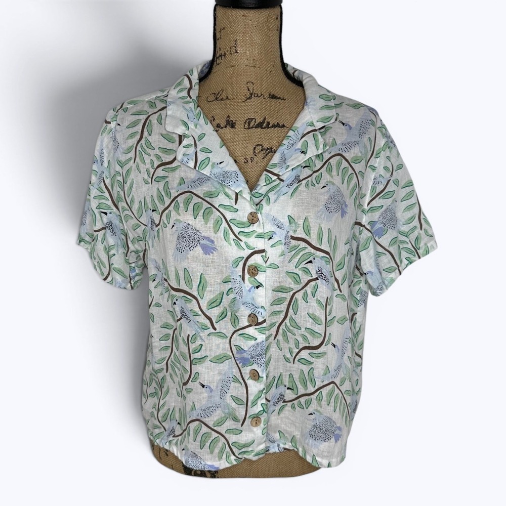 Cynthia Rowley‎ 100% Linen Button Up Camp Shirt White Blue Bird Resort Sz M